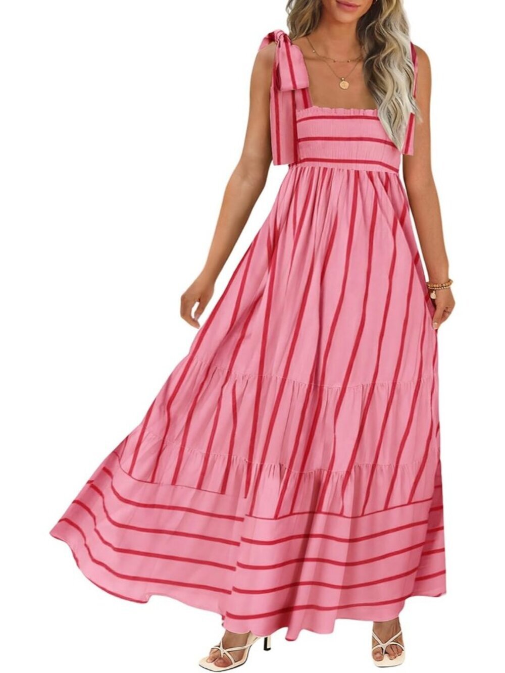 Women's Pink Stripe Boho Spaghetti Straps Flowy Casual Long A-line Maxi Dress